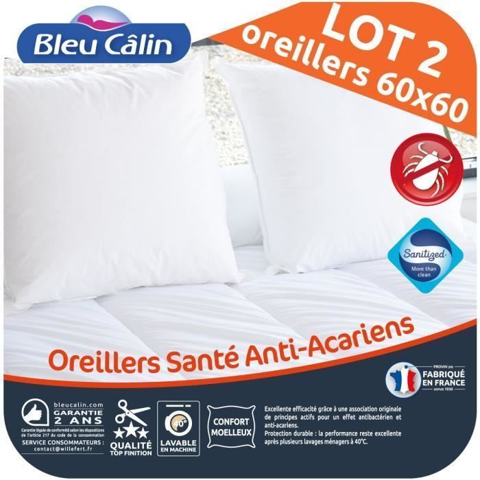 BLEU CALIN Lot de 2 oreillers Santé Anti-acariens 60x60 cm blanc - Photo n°1