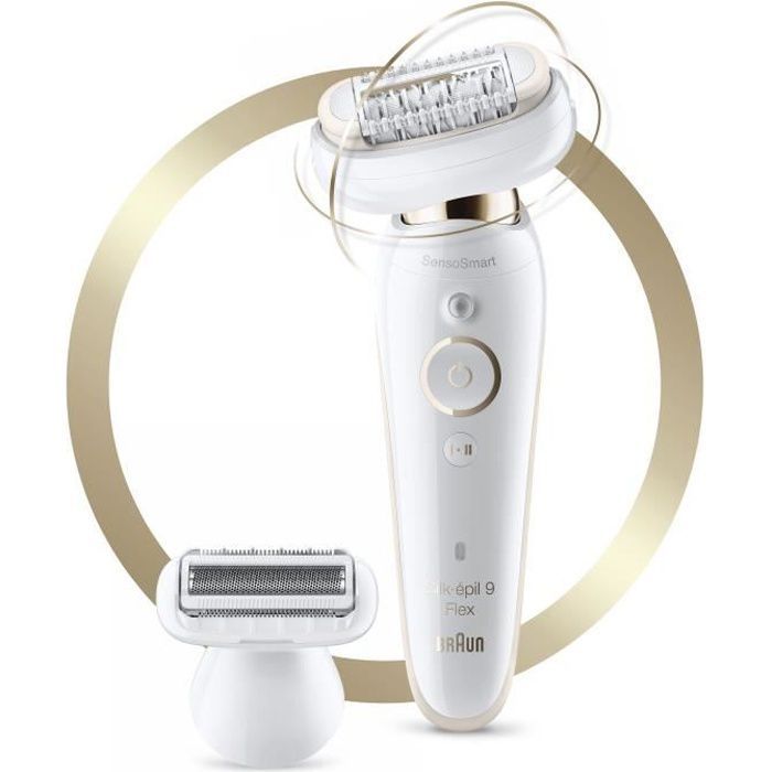 Braun Silk-épil 9 Flex 9-002 Épilateur éléctrique pour femme - Tete flexible - Micro-grip 40 pincettes - SensoSmart - Blanc/Doré - Photo n°1