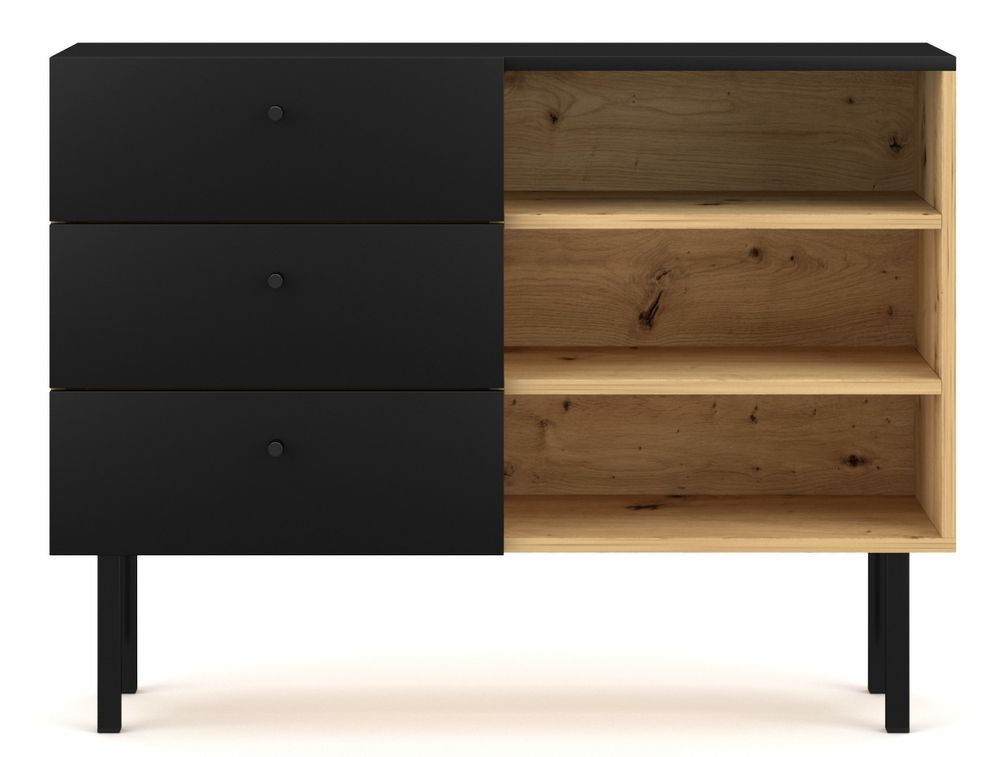 Buffet 3 tiroirs 3 étagères noir et chêne artisan Makalo 100 cm - Photo n°5