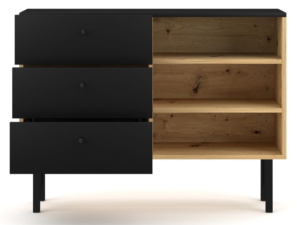 Buffet 3 tiroirs 3 étagères noir et chêne artisan Makalo 100 cm - Photo n°8
