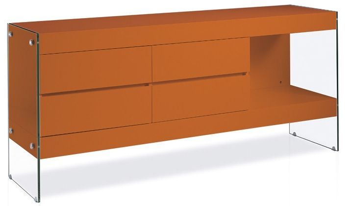 Buffet 4 tiroirs bois laqué orange et pieds verre trempé Loana - Photo n°1