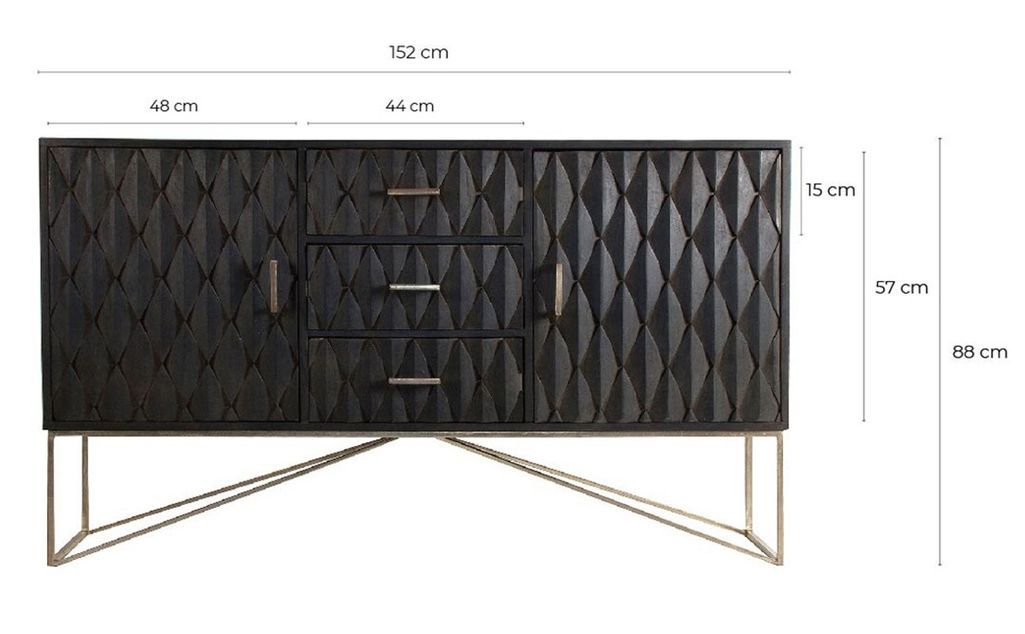Buffet 2 portes 3 tiroirs bois massif de Manguier noir et métal doré Perko 152 cm - Photo n°4