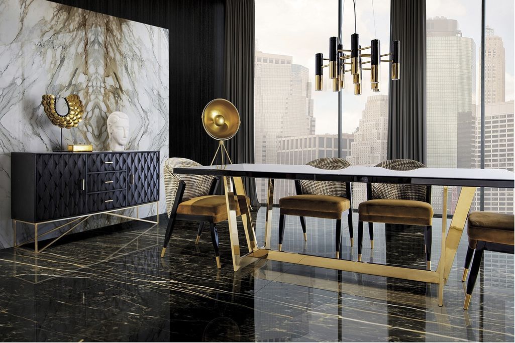 Buffet 2 portes 3 tiroirs bois massif de Manguier noir et métal doré Perko 152 cm - Photo n°3