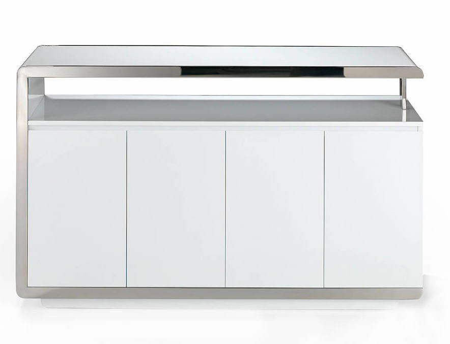 Buffet design 4 portes bois laqué blanc et acier chromé Modena - Photo n°1