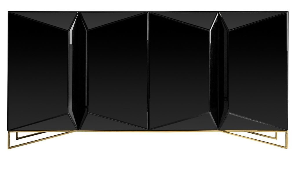 Buffet art déco 4 portes miroir noir brillant et pieds acier doré Sekin 180 cm - Photo n°1