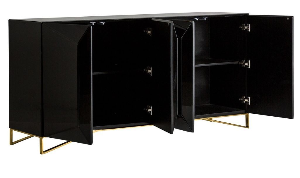 Buffet art déco 4 portes miroir noir brillant et pieds acier doré Sekin 180 cm - Photo n°2