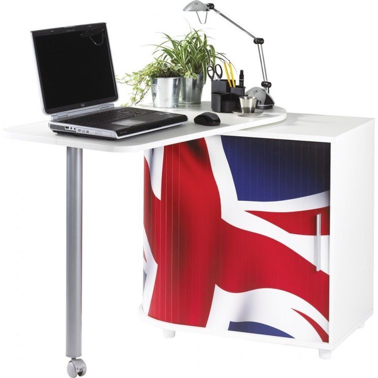 Bureau avec plateau pivotant et rangement blanc imprimé drapeau Anglais Kool 105 cm - Photo n°1