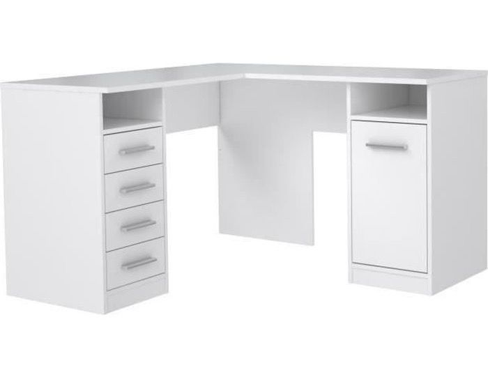 Bureau d'angle 1 porte 4 tiroirs - Décor papier blanc - L 125 x P 125 x H 75 cm - Photo n°1