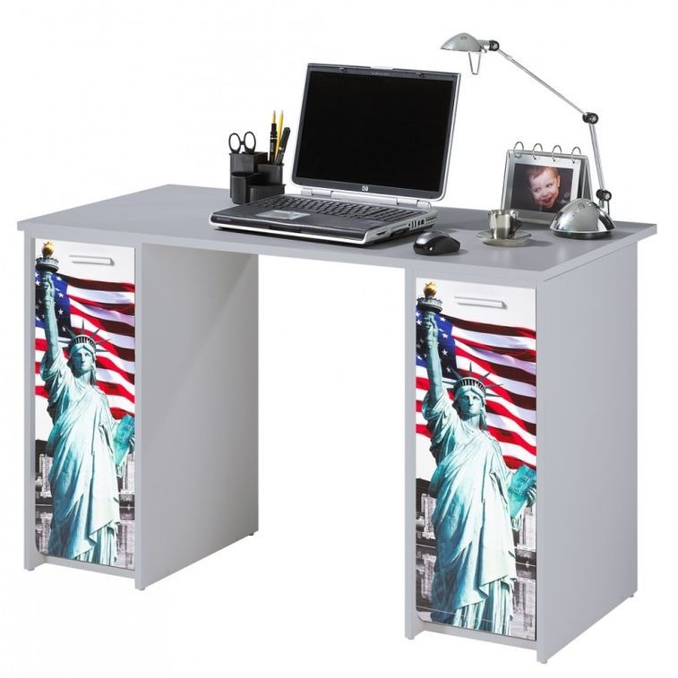 Bureau droit avec 2 caissons bois gris imprimé statue de la Liberté Scoot - Photo n°1