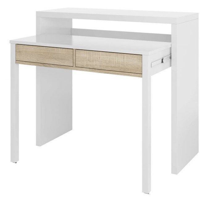 Bureau extensible blanc avec 2 tiroirs bois clair Karel 99 cm - Photo n°1