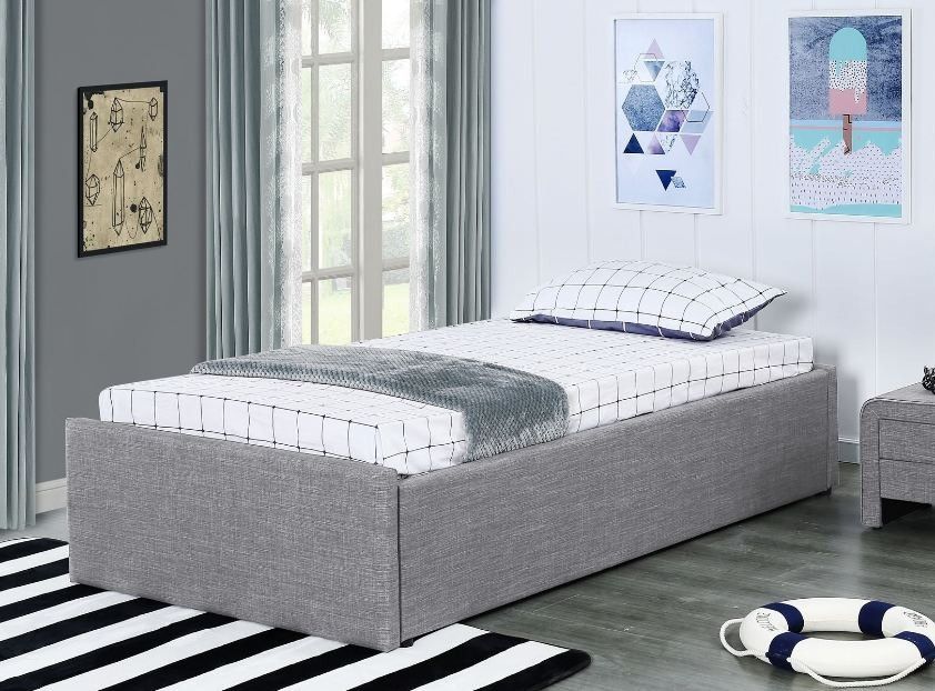 Cadre de lit avec coffre et 1 tiroir 90x190 cm tissu lin gris clair Karmi - Photo n°2
