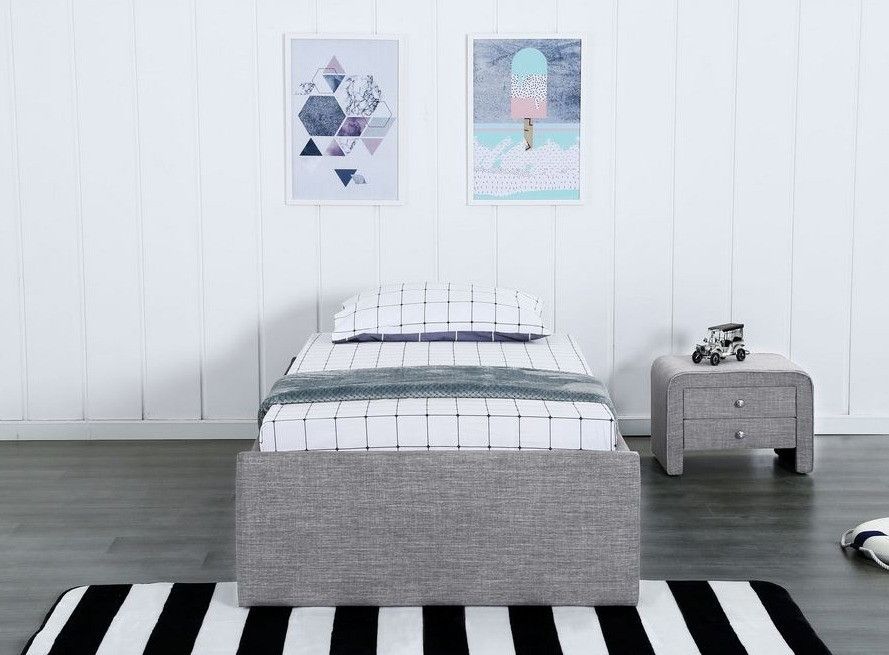 Cadre de lit avec coffre et 1 tiroir 90x190 cm tissu lin gris clair Karmi - Photo n°4