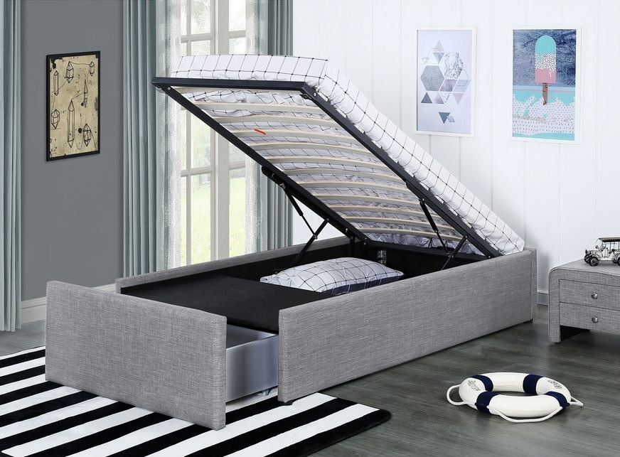 Cadre de lit avec coffre et 1 tiroir 90x190 cm tissu lin gris clair Karmi - Photo n°1