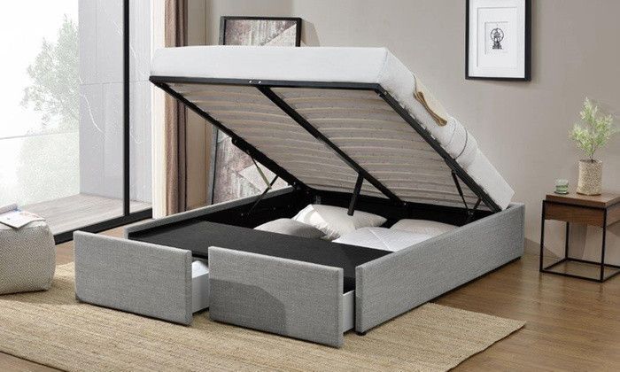 Cadre de lit avec coffre et 2 tiroirs 140x190 cm tissu lin gris clair Karmi - Photo n°2