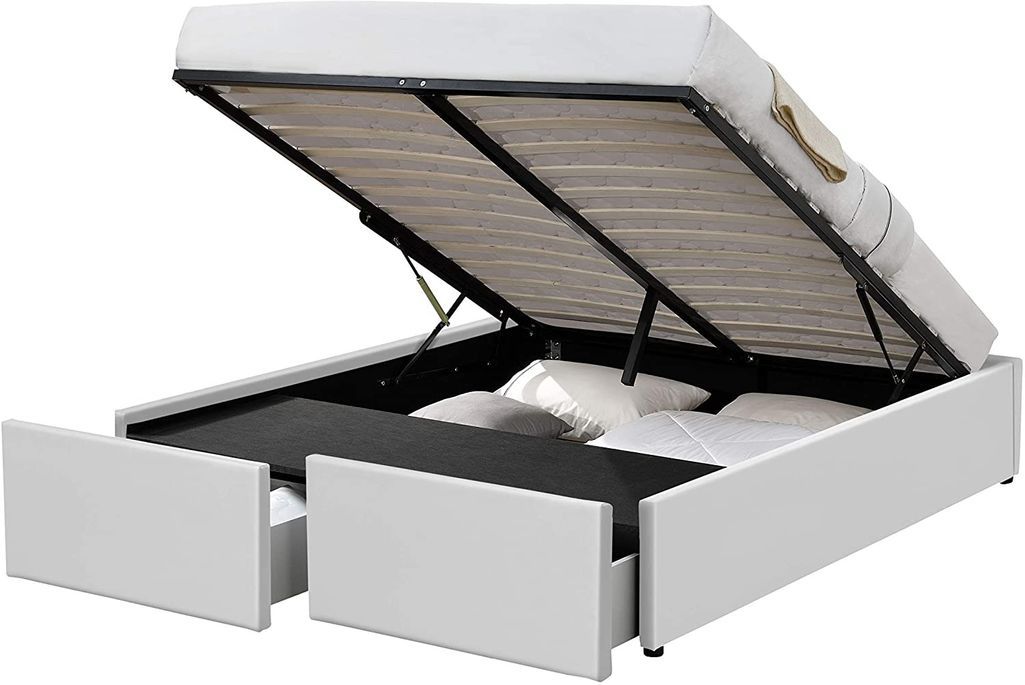 Cadre de lit avec coffre et 2 tiroirs 160x200 cm simili cuir blanc mat Karmi - Photo n°1
