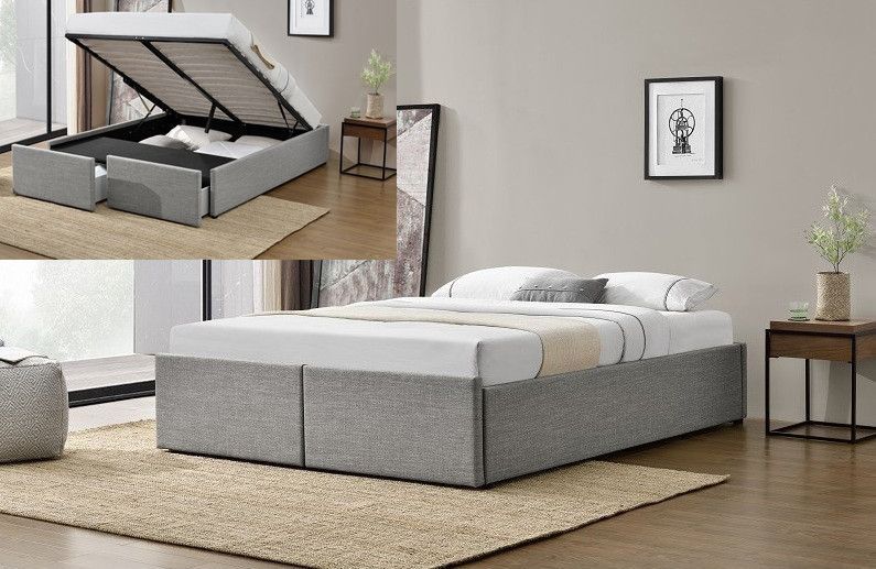 Cadre de lit avec coffre et 2 tiroirs 160x200 cm tissu lin gris clair Karmi - Photo n°3