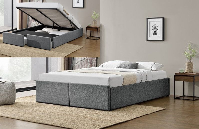Cadre de lit avec coffre et 2 tiroirs 160x200 cm tissu lin gris foncé Karmi - Photo n°5