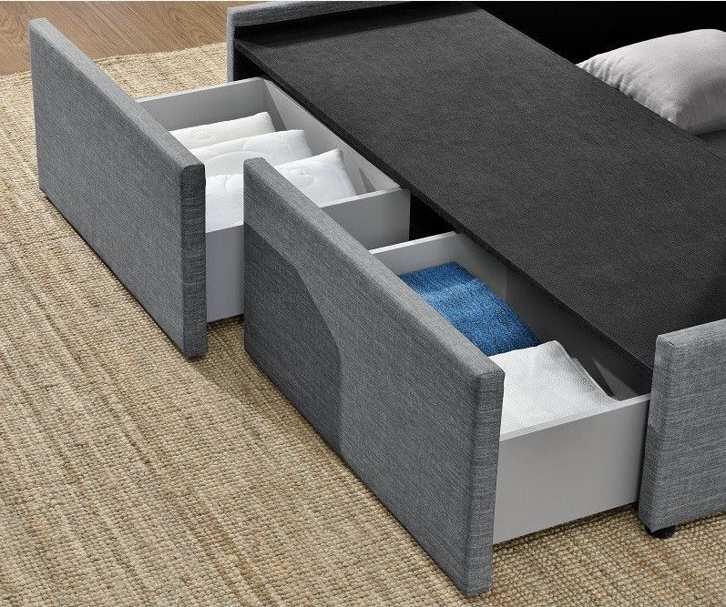 Cadre de lit avec coffre et 2 tiroirs 160x200 cm tissu lin gris foncé Karmi - Photo n°6