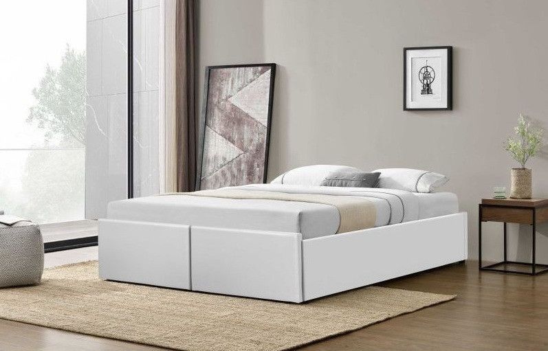 Cadre de lit avec coffre et 2 tiroirs 180x200 cm simili cuir blanc Karmi - Photo n°4
