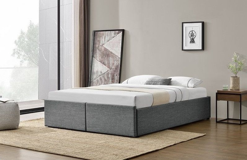 Cadre de lit avec coffre et 2 tiroirs 180x200 cm tissu lin gris foncé Karmi - Photo n°4
