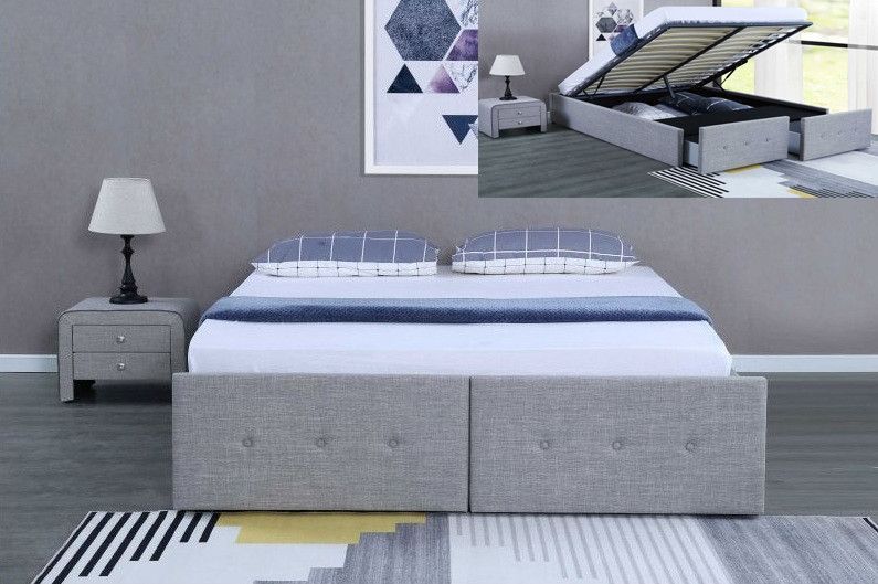 Cadre de lit avec coffre et 2 tiroirs tissu gris clair Lecra 160x200 cm - Photo n°2