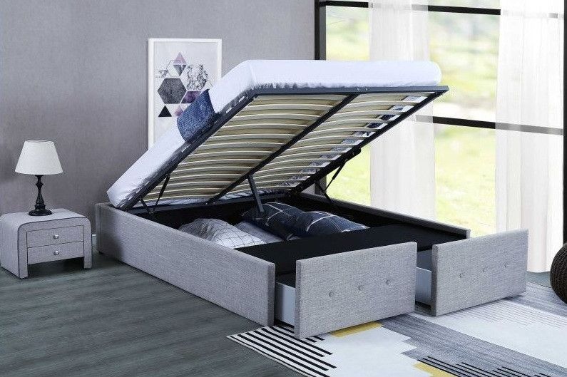 Cadre de lit avec coffre et 2 tiroirs tissu gris clair Lecra 160x200 cm - Photo n°1