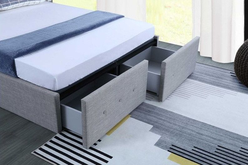 Cadre de lit avec coffre et 2 tiroirs tissu gris clair Lecra 160x200 cm - Photo n°4