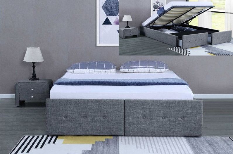 Cadre de lit avec coffre et 2 tiroirs tissu gris foncé Lecra 140x190 cm - Photo n°2