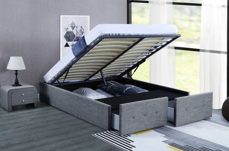 Cadre de lit avec coffre et 2 tiroirs tissu gris foncé Lecra 140x190 cm - Photo n°1