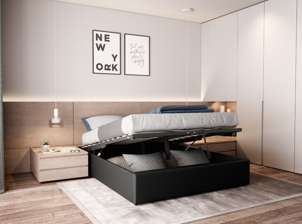 Cadre de lit avec coffre simili cuir noir Lola 140x190 cm - Photo n°2