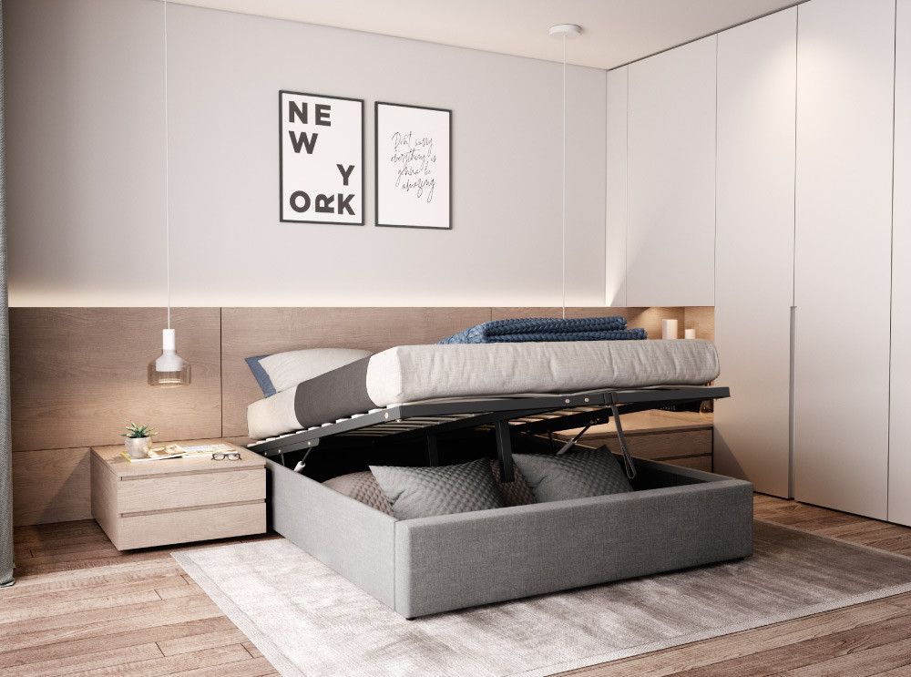 Cadre de lit avec coffre tissu gris clair Lola 140x190 cm - Photo n°2