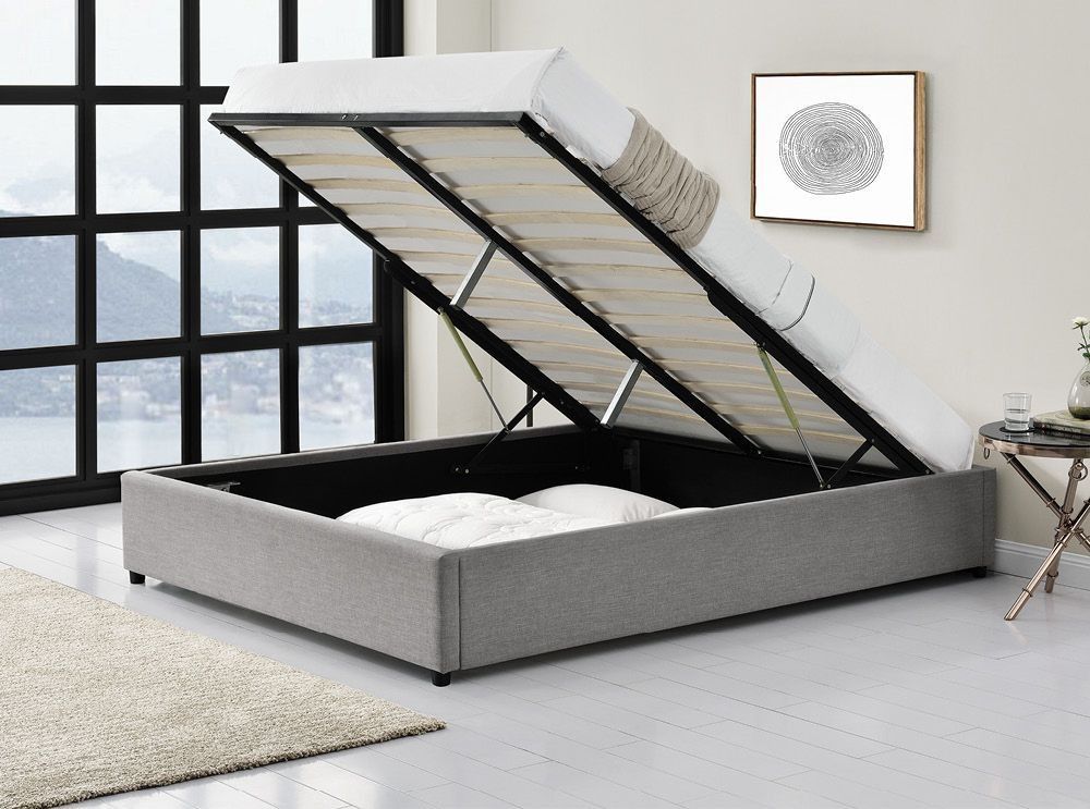 Cadre de lit avec coffre tissu gris clair Lola 160x200 cm - Photo n°6