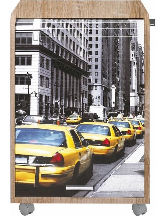 Caisson à rideau sur roulettes 2 tiroirs bois clair imprimé taxis jaunes Orga 70 cm - Photo n°1