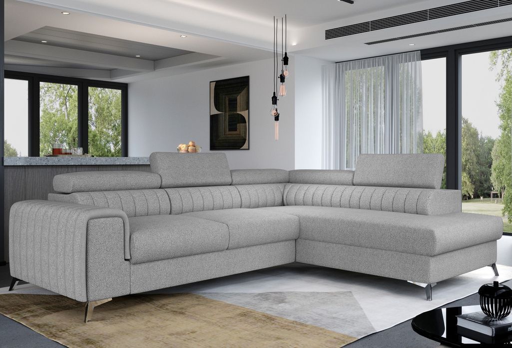 Canapé angle droit convertible avec appuis-tête réglables tissu gris clair chiné Lozan 275 cm - Photo n°2