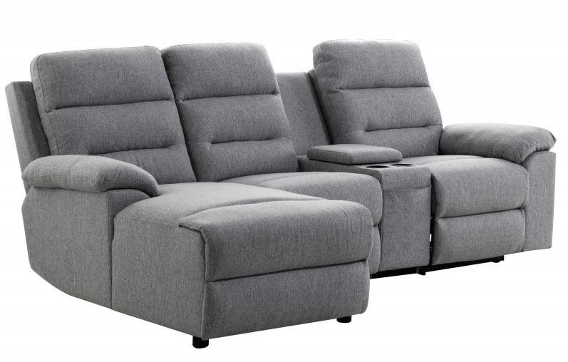 Canapé d'angle gauche relax manuel 3 places tissu gris chiné avec appuis tête Helane - Photo n°1