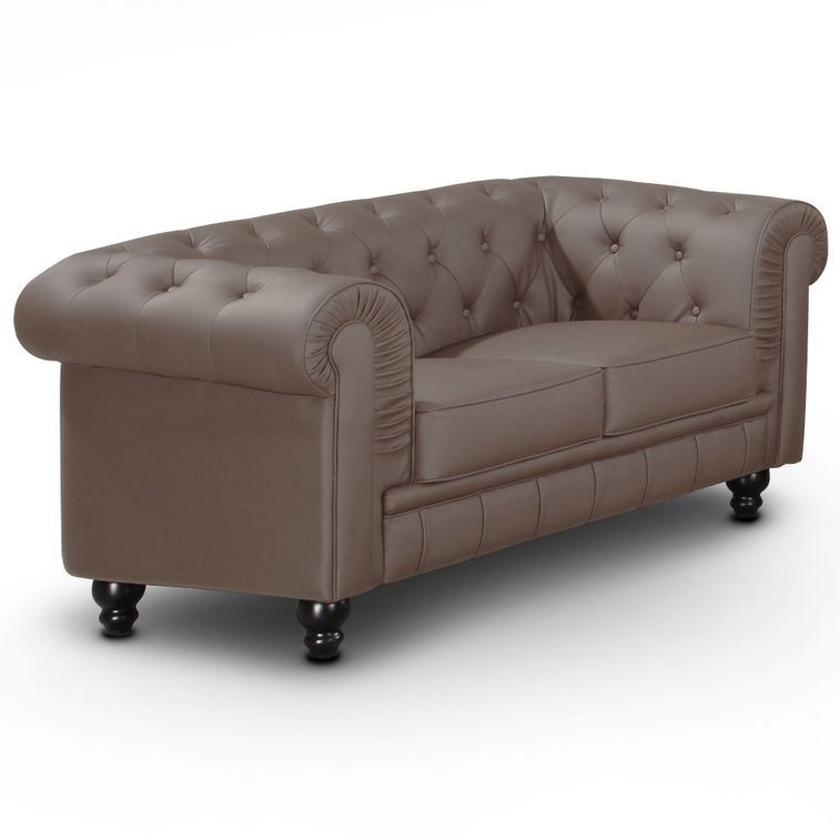 Canapé Chesterfield 2 places imitation cuir taupe - Photo n°2