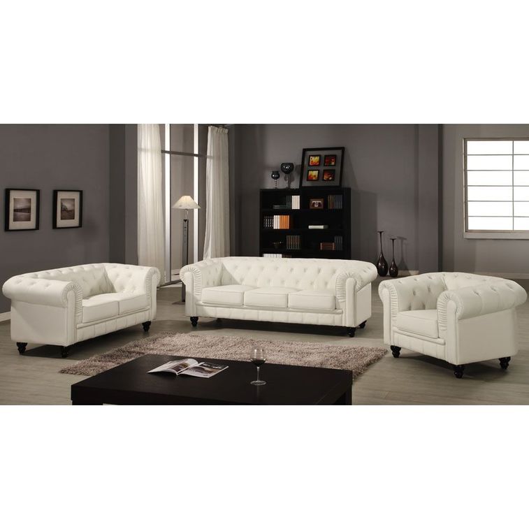 Canapé chesterfield 2 places simili cuir blanc Itish - Photo n°3