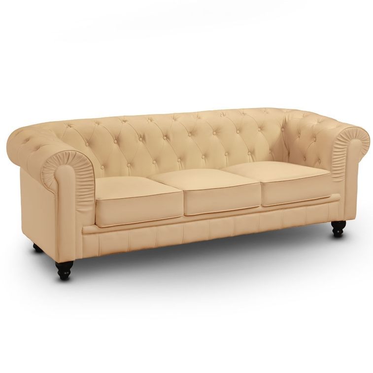 Canapé Chesterfield 3 places imitation cuir beige British - Photo n°1