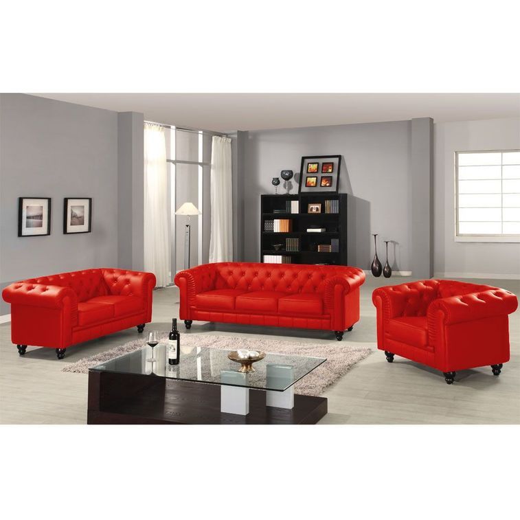 Canapé chesterfield 3 places simili cuir rouge Itish - Photo n°5
