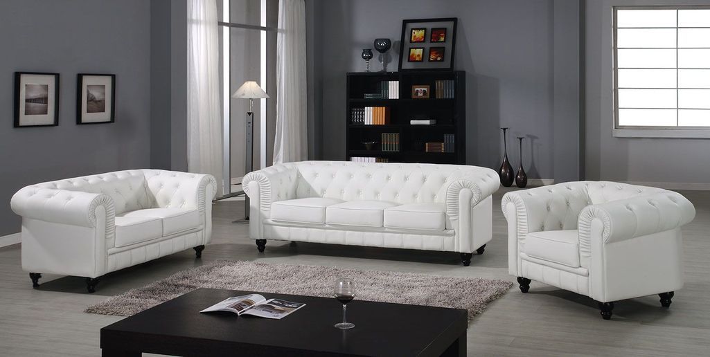 Canapé chesterfield 3 places simili cuir blanc Itish - Photo n°2