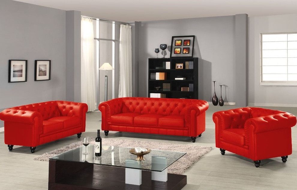 Canapé chesterfield 3 places simili cuir rouge Cozji - Photo n°4