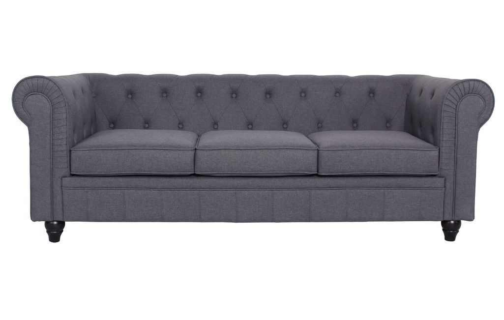 Canapé chesterfield 3 places tissu gris effet lin Itish - Photo n°1