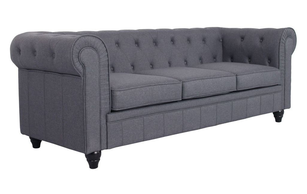 Canapé chesterfield 3 places tissu gris effet lin Itish - Photo n°2