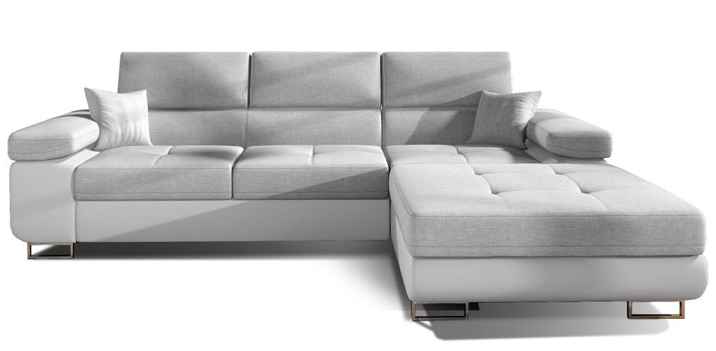 Canapé convertible d'angle droit tissu gris clair et simili cuir blanc avec rangement Wile 280 cm - Photo n°1