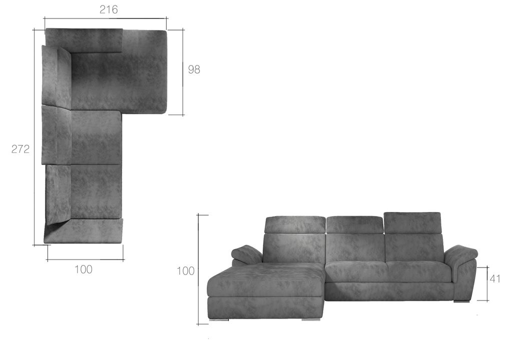 Canapé convertible d'angle droit tissu gris foncé chiné têtières réglables Suzy 272 cm - Photo n°6