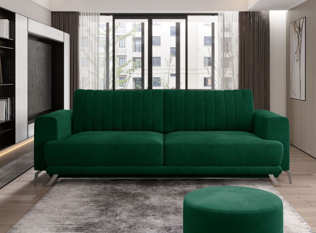 Canapé convertible design 3/4 places tissu vert et pieds acier chromé Eliza 250 cm - Photo n°1