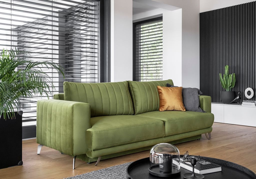 Canapé convertible design 3/4 places tissu vert et pieds acier chromé Eliza 250 cm - Photo n°4