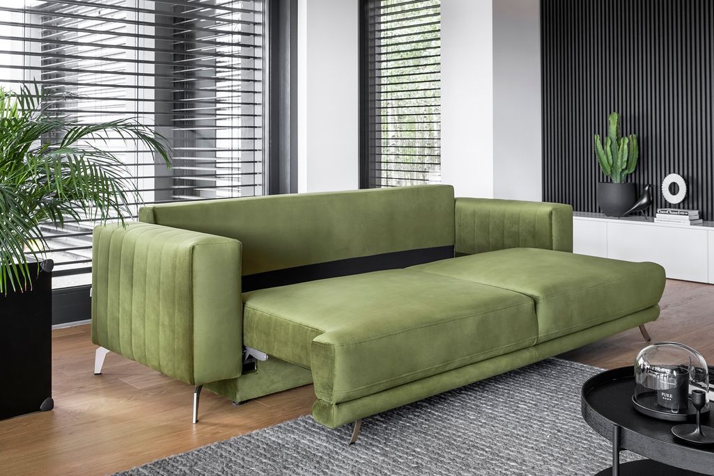 Canapé convertible design 3/4 places tissu vert et pieds acier chromé Eliza 250 cm - Photo n°5