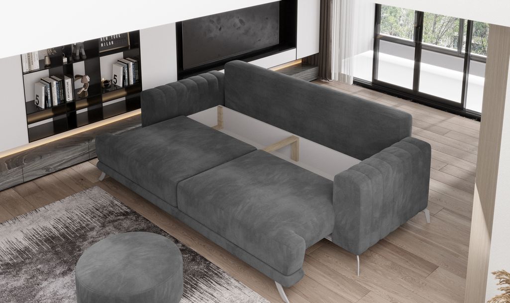 Canapé convertible design 3/4 places tissu vert et pieds acier chromé Eliza 250 cm - Photo n°7