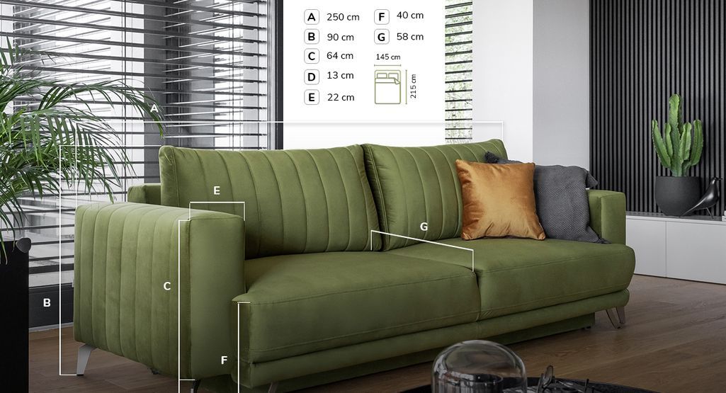 Canapé convertible design 3/4 places tissu vert et pieds acier chromé Eliza 250 cm - Photo n°12